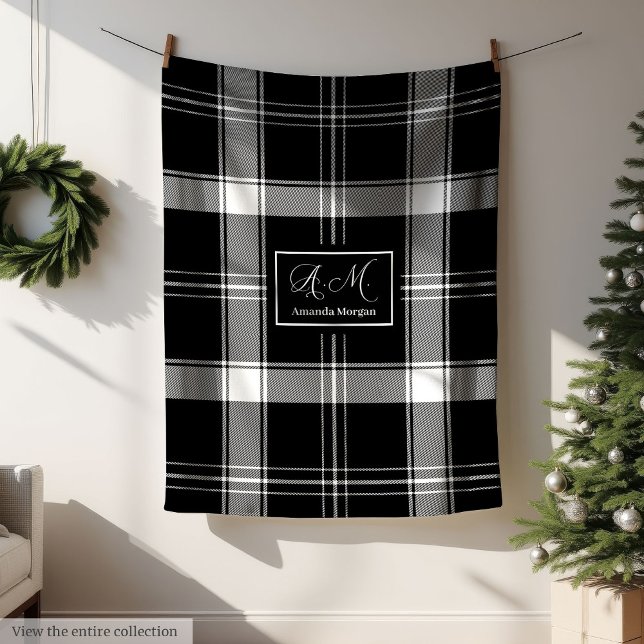 Custom Name Black White Buffalo Plaid Men's Gift Fleece Blanket (Custom Name Black White Buffalo Plaid Men's Gift Blanket)