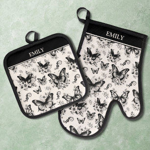 Custom Name Black White Butterfly Pattern Oven Mitt & Pot Holder Set