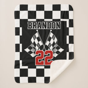 Custom Name Black White Chequered Flags Pattern Sherpa Blanket
