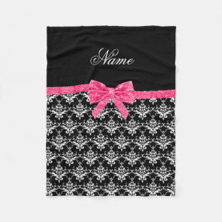 Custom name black white damask pink glitter bow fleece blanket
