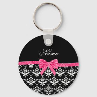 Custom name black white damask pink glitter bow key ring