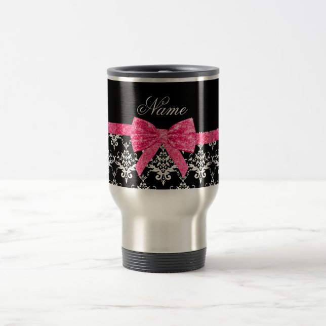 Custom name black white damask pink glitter bow travel mug (Center)