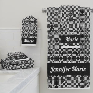 Custom Name Black & White Floral Chequerboard Bath Towel Set