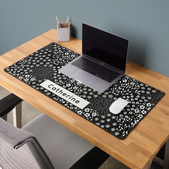 Custom Name Black White Floral Granny Chic Office Desk Mat (Office 2)