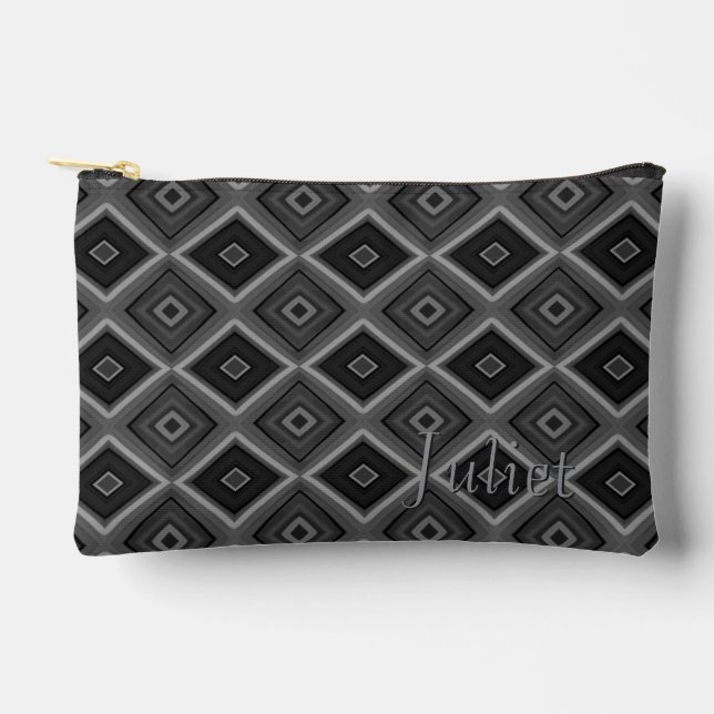Custom Name Black White Grey Diamond Geometric  Accessory Pouch (Front)