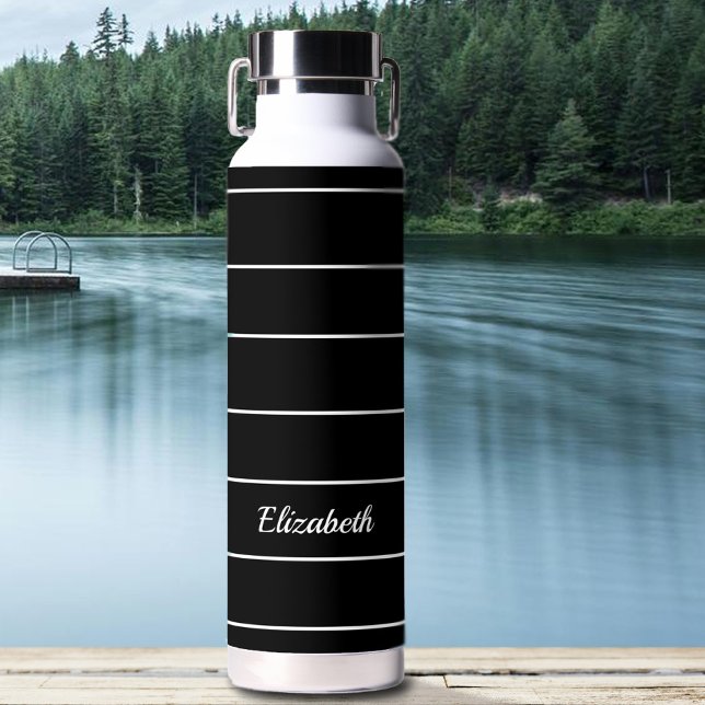 Custom Name Black & White Striped Modern Pattern Water Bottle (Creator Uploaded)