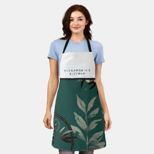 Custom Name Black & White Teal Watercolor Leaves Apron
