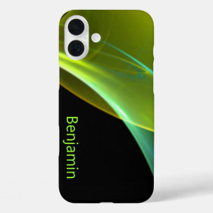 Custom Name Black Wispy Greens Abstract Artwork iPhone 16 Plus Case