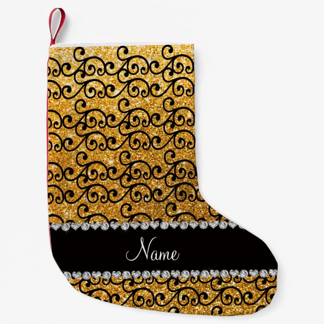 Custom name black yellow glitter swirls small christmas stocking (Front)