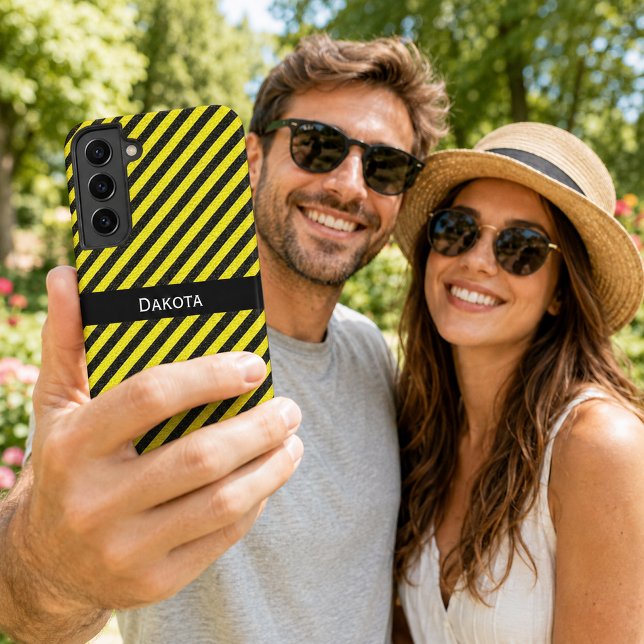 Custom Name Black Yellow Textured Diagonal Stripes Samsung Galaxy S22+ Case (Custom Name Black Yellow Textured Diagonal Stripes Samsung Galaxy Case)