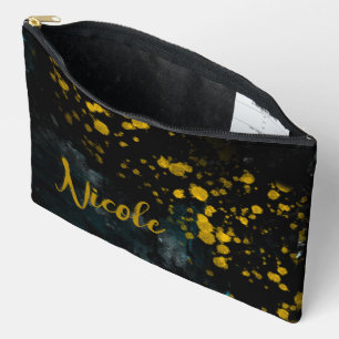 Custom Name Black Yellow Watercolor Fluid Splash Accessory Pouch