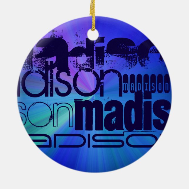 Custom Name; Blue & Abstract Purple, Green, Blue Ceramic Tree Decoration (Back)