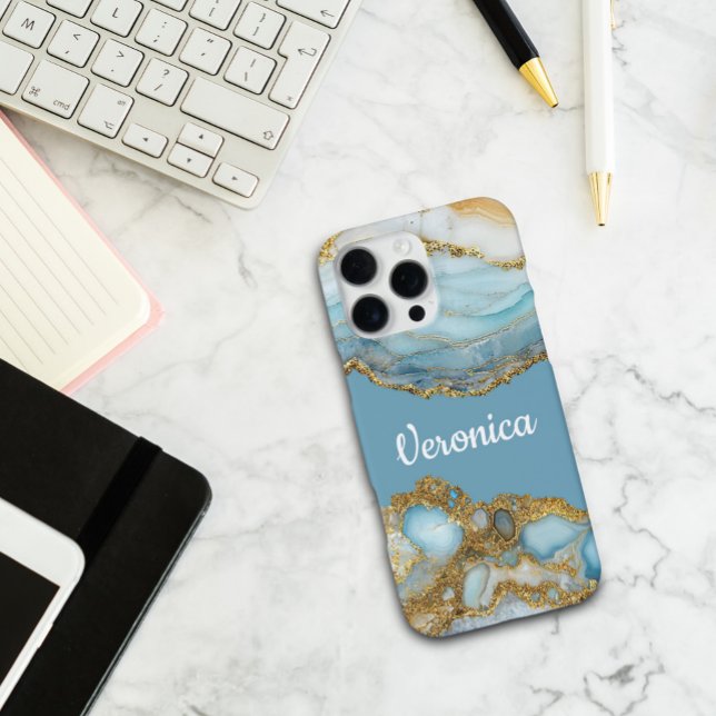 Custom Name Blue Agate Geode Marble Personalised iPhone Case (Creator Uploaded)