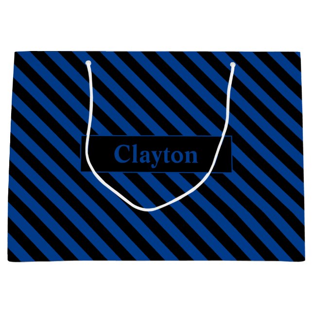 Custom Name Blue/Black Stripes Large Gift Bag (Front)