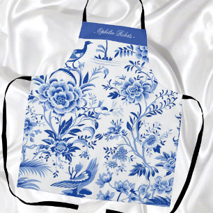 Custom Name Blue Chinoiserie Floral Kitchen Apron