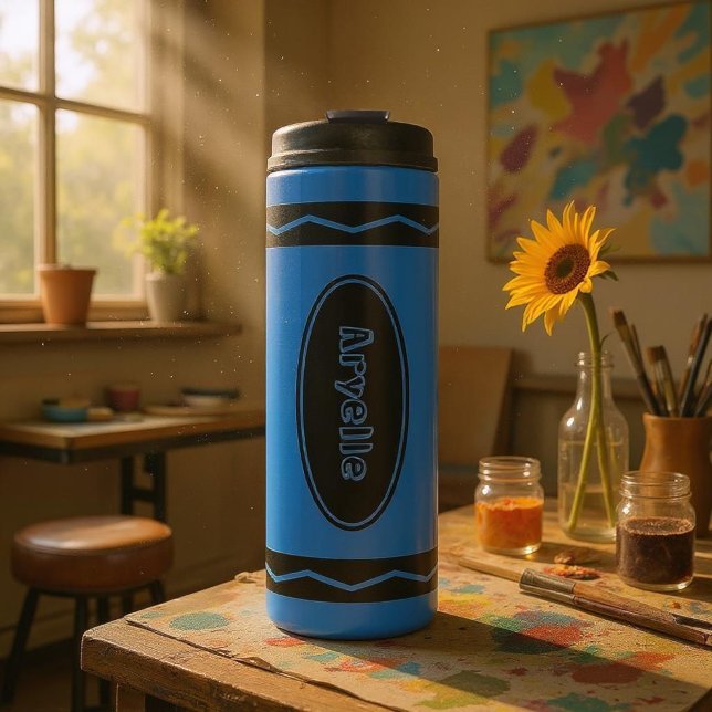 Custom Name Blue Crayon Travel Mug Thermal Tumbler (Creator Uploaded)