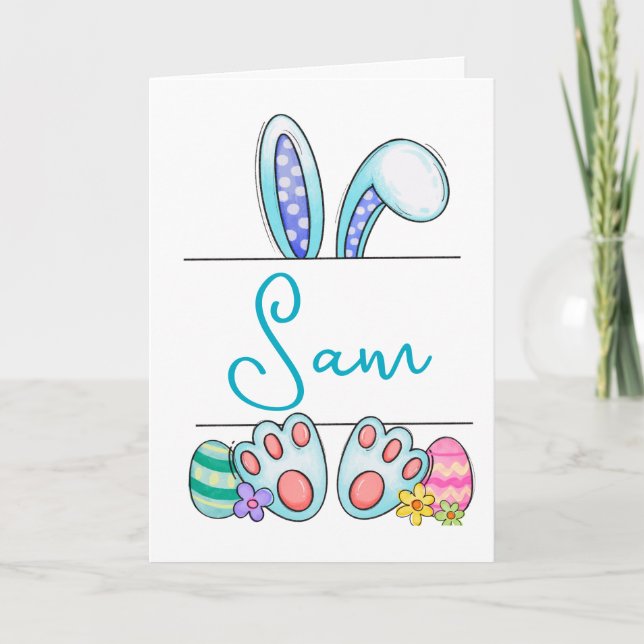 Custom Name Blue Easter Bunny  Holiday Card (Front)