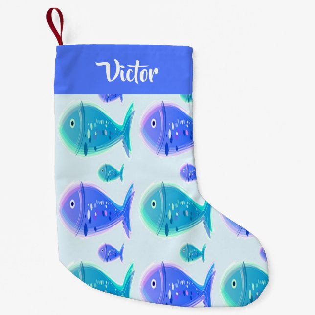 Custom name blue fish small christmas stocking (Front)