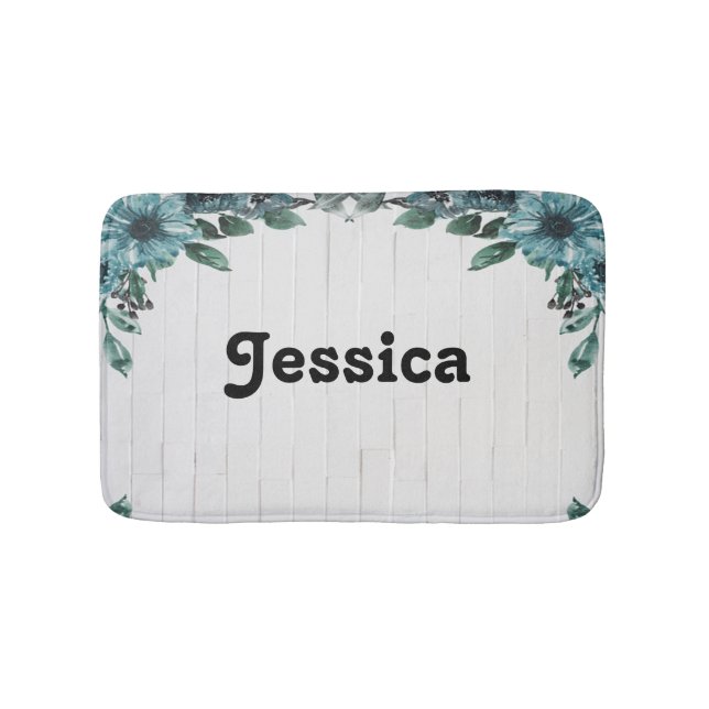 Custom name blue flowers on grey wood bath mat (Front)
