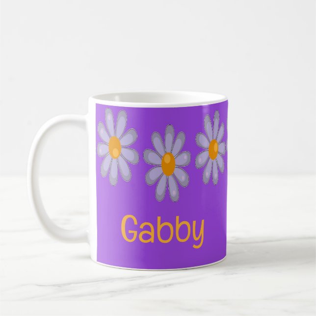 Custom name blue flowers on purple coffee mug (Left)
