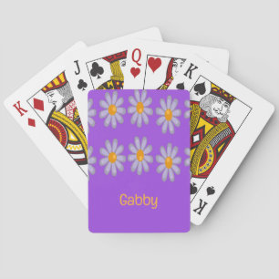 Custom name blue flowers on purple playing cards