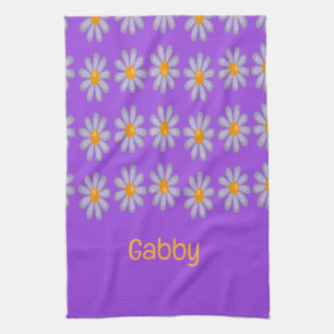 Custom name blue flowers on purple tea towel