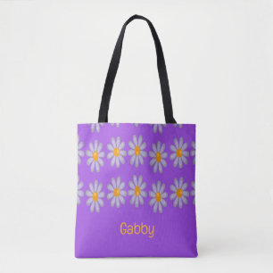 Custom name blue flowers on purple tote bag