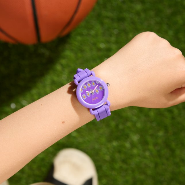 Custom name blue flowers on purple watch (Wrist)