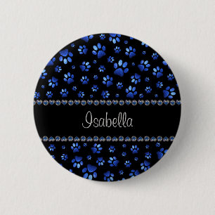 Custom name, blue glitter dog paws 6 cm round badge