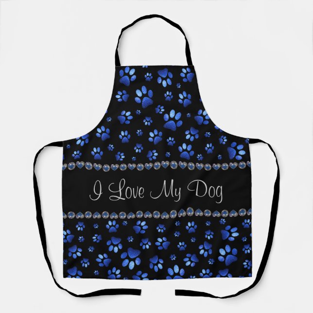 Custom name, blue glitter dog paws apron (Front)