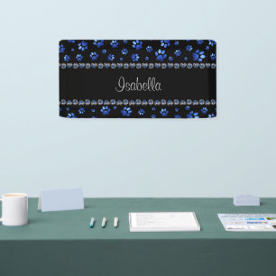Custom name, blue glitter dog paws banner