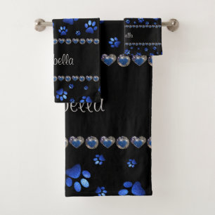 Custom name, blue glitter dog paws  bath towel set