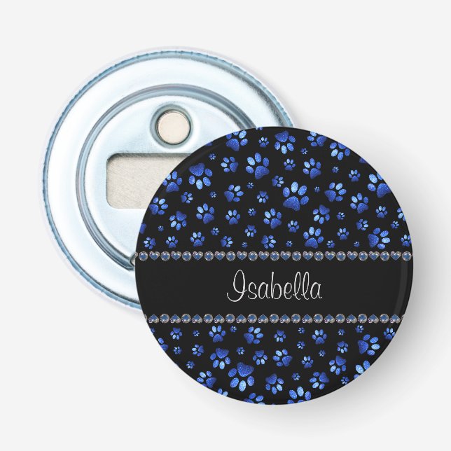 Custom name, blue glitter dog paws bottle opener (Front)