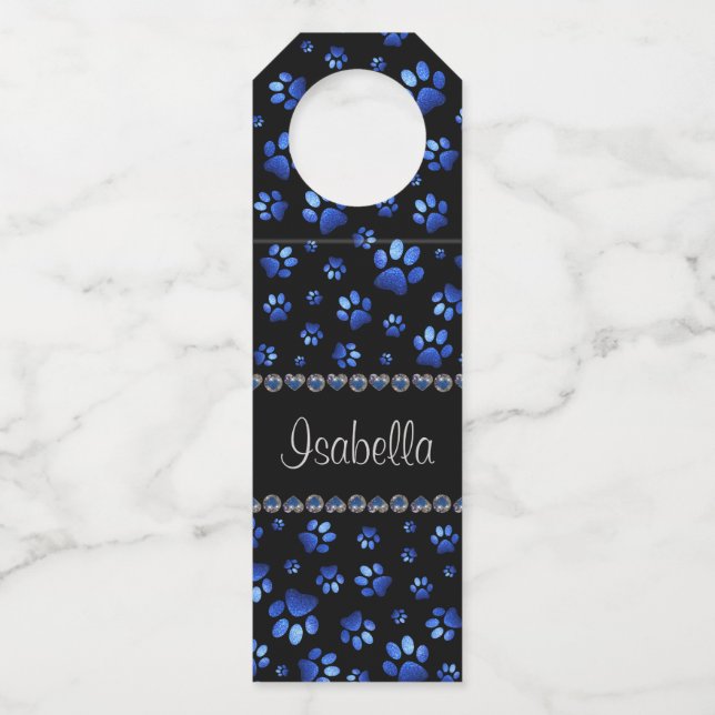 Custom name, blue glitter dog paws bottle tag (Front)
