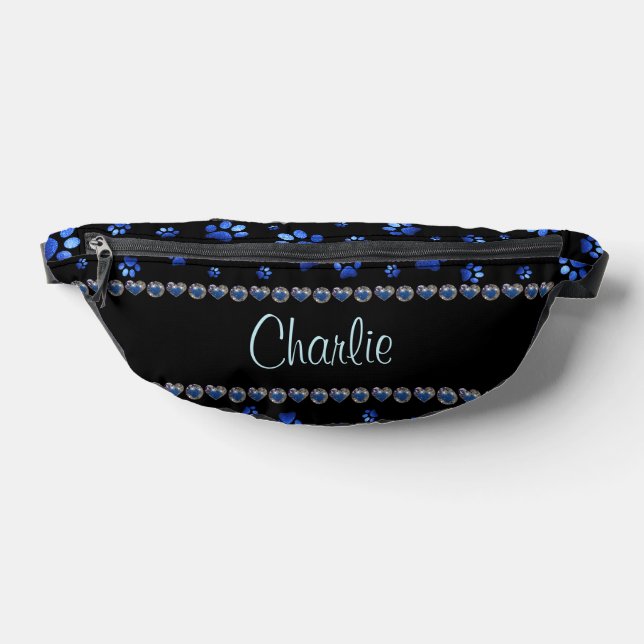 Custom name, blue glitter dog paws bum bags (Lay Down)