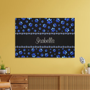 Custom name, blue glitter dog paws canvas print