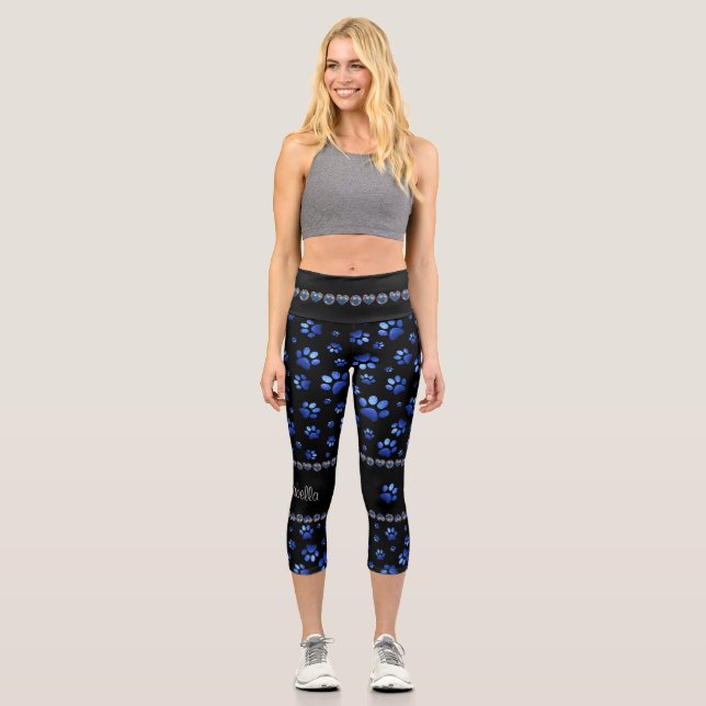 Custom name, blue glitter dog paws capri leggings (Front)