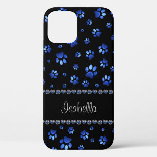 Custom name, blue glitter dog paws  iPhone 12 case