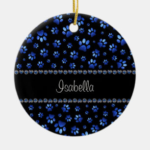 Custom name, blue glitter dog paws ceramic tree decoration