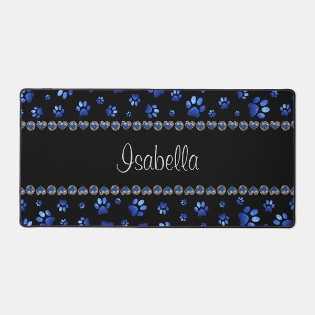 Custom name, blue glitter dog paws desk mat (Front)