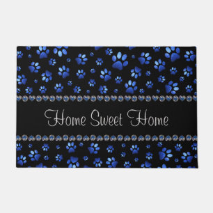 Custom name, blue glitter dog paws doormat