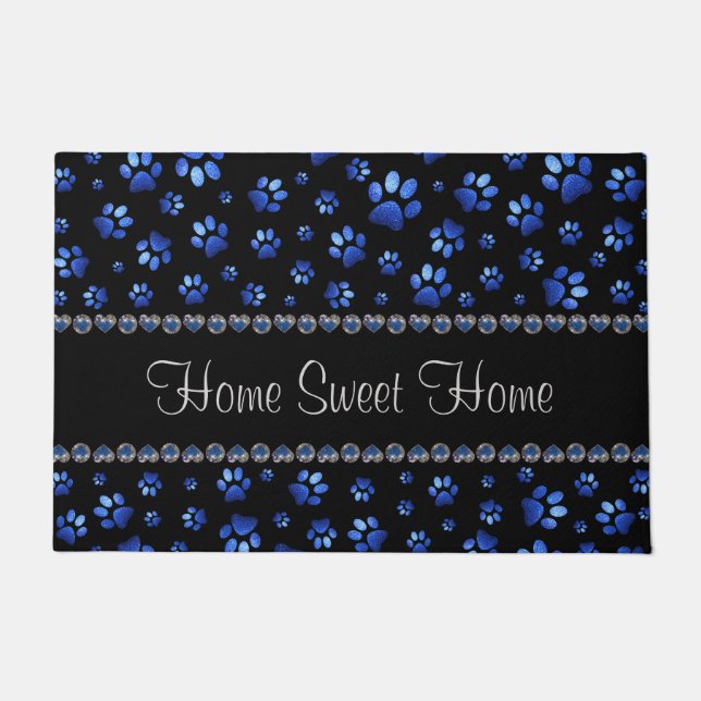 Custom name, blue glitter dog paws doormat (Front)