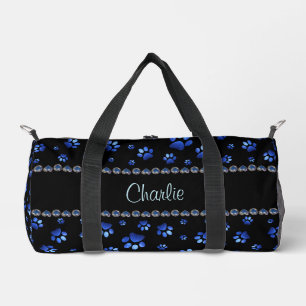 Custom name, blue glitter dog paws duffle bag