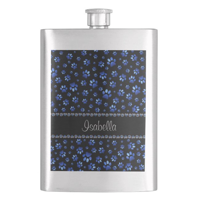 Custom name, blue glitter dog paws hip flask (Front)