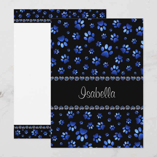 Custom name, blue glitter dog paws invitation (Front/Back)