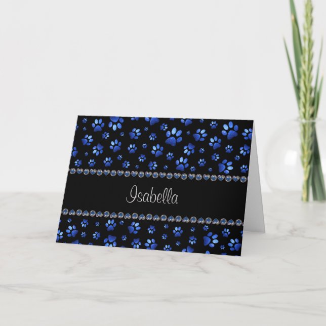 Custom name, blue glitter dog paws invitation (Front)