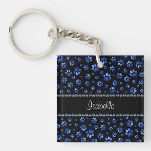 Custom name, blue glitter dog paws key ring