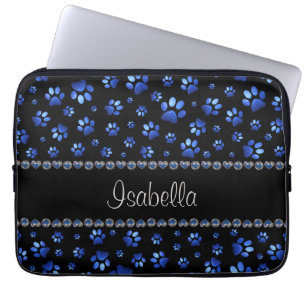 Custom name, blue glitter dog paws laptop sleeve