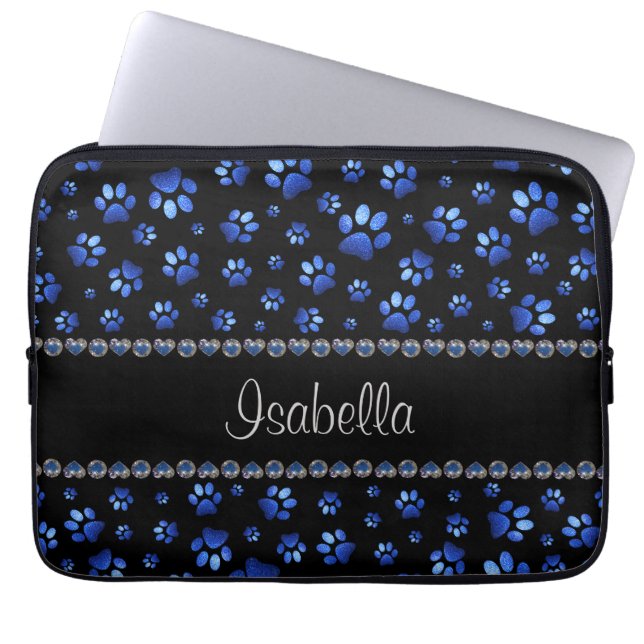 Custom name, blue glitter dog paws laptop sleeve (Front)