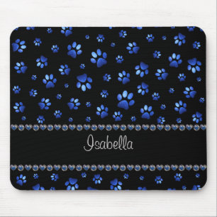 Custom name, blue glitter dog paws  mouse pad